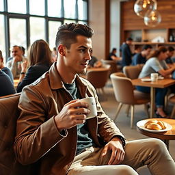Cristiano Ronaldo sitting in a stylish, modern café, enjoying a cup of coffee
