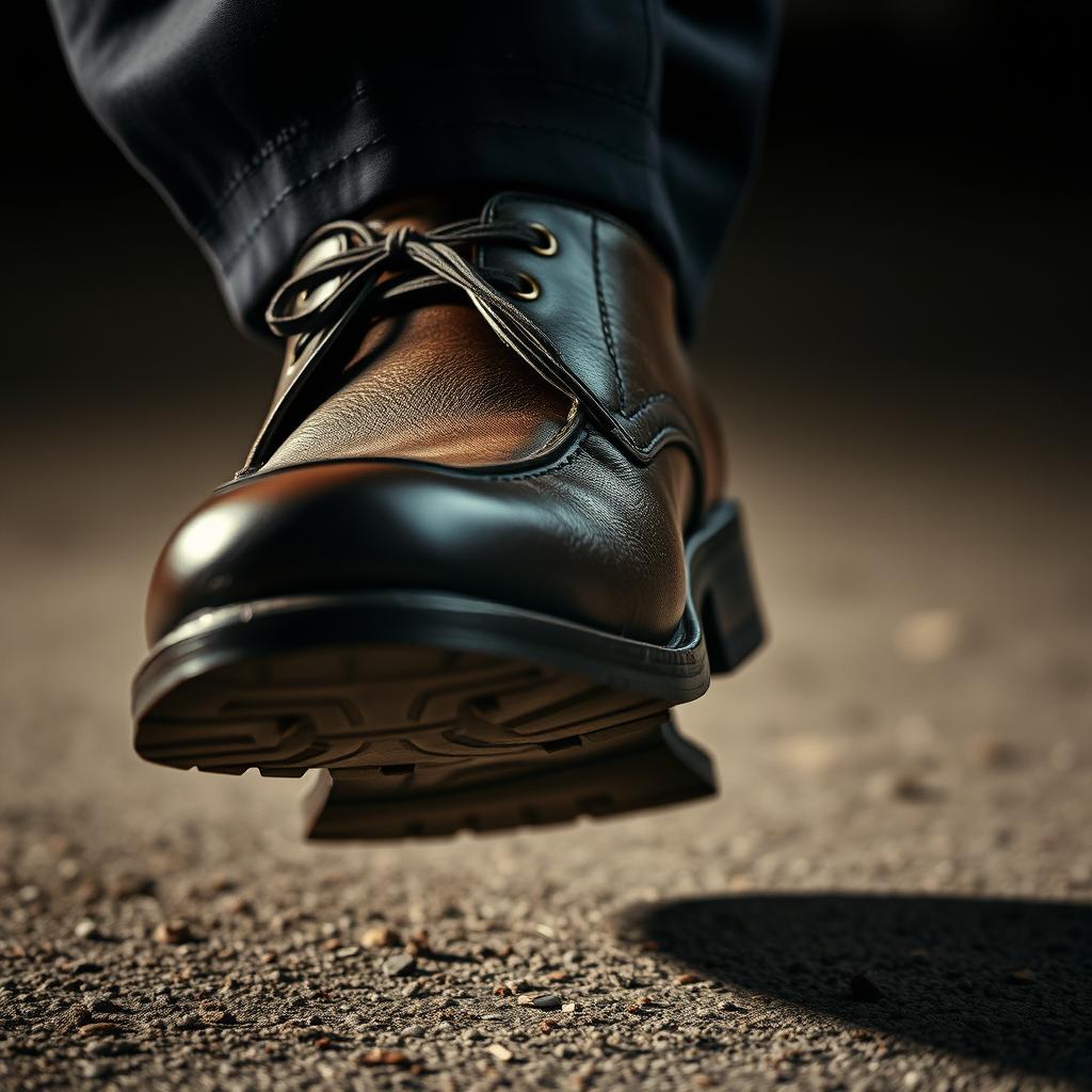 Close-up of a powerful men's leather shoe making an assertive step on the ground, showcasing the texture and gloss of the leather, with dynamic lighting emphasizing the movement and impact of the step, conveying a sense of confidence and strength