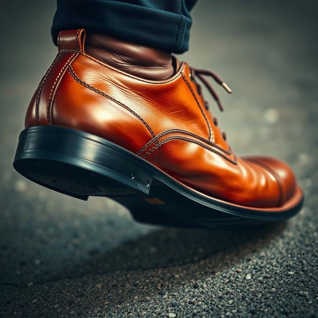 Close-up of a powerful men's leather shoe making an assertive step on the ground, showcasing the texture and gloss of the leather, with dynamic lighting emphasizing the movement and impact of the step, conveying a sense of confidence and strength