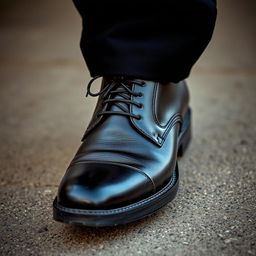 Close-up of a powerful men's leather shoe making an assertive step on the ground, showcasing the texture and gloss of the leather, with dynamic lighting emphasizing the movement and impact of the step, conveying a sense of confidence and strength