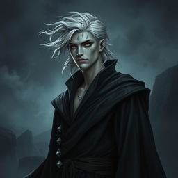 A male Aasimar warlock with a haunted one background, standing confidently