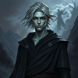 A male Aasimar warlock with a haunted one background, standing confidently
