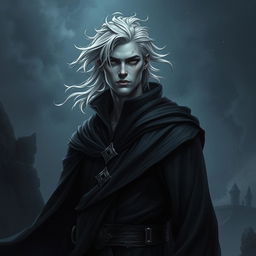 A male Aasimar warlock with a haunted one background, standing confidently