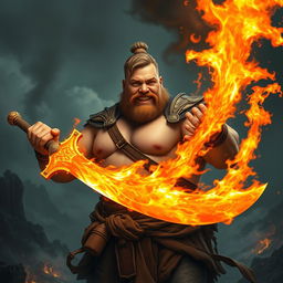 A large-bodied man with a soft figure, lacking visible muscles, confidently wielding a spectacular fiery sword that blazes with intense flames