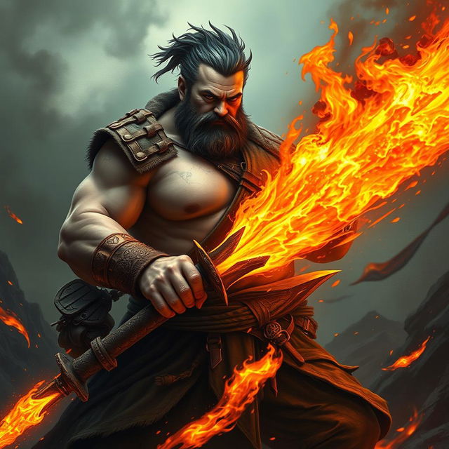 A large-bodied man with a soft figure, lacking visible muscles, confidently wielding a spectacular fiery sword that blazes with intense flames