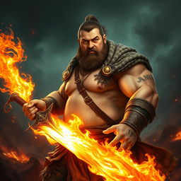 A large-bodied man with a soft figure, lacking visible muscles, confidently wielding a spectacular fiery sword that blazes with intense flames