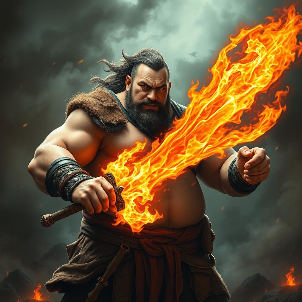 A large-bodied man with a soft figure, lacking visible muscles, confidently wielding a spectacular fiery sword that blazes with intense flames