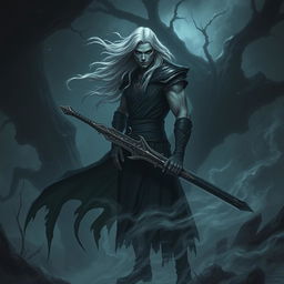 A dark fantasy scene featuring a Male Aasimar warlock standing in a haunting landscape, wielding an intricate onyx long sword