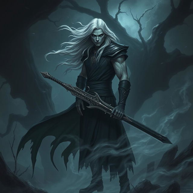 A dark fantasy scene featuring a Male Aasimar warlock standing in a haunting landscape, wielding an intricate onyx long sword