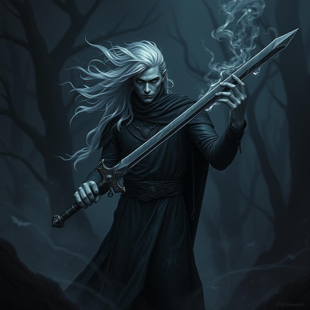 A dark fantasy scene featuring a Male Aasimar warlock standing in a haunting landscape, wielding an intricate onyx long sword