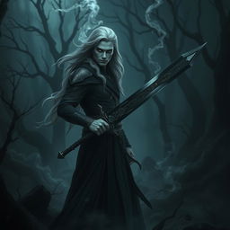 A dark fantasy scene featuring a Male Aasimar warlock standing in a haunting landscape, wielding an intricate onyx long sword