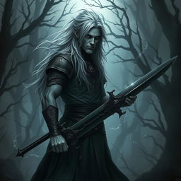 A dark fantasy scene featuring a Male Aasimar warlock standing in a haunting landscape, wielding an intricate onyx long sword