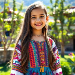 A beautiful young girl from southern Iran, wearing a colorful traditional dress, showcasing intricate patterns and vibrant colors