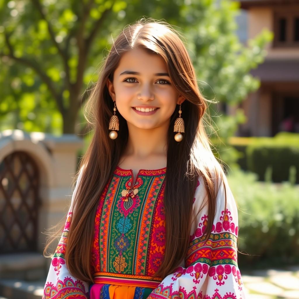 A beautiful young girl from southern Iran, wearing a colorful traditional dress, showcasing intricate patterns and vibrant colors