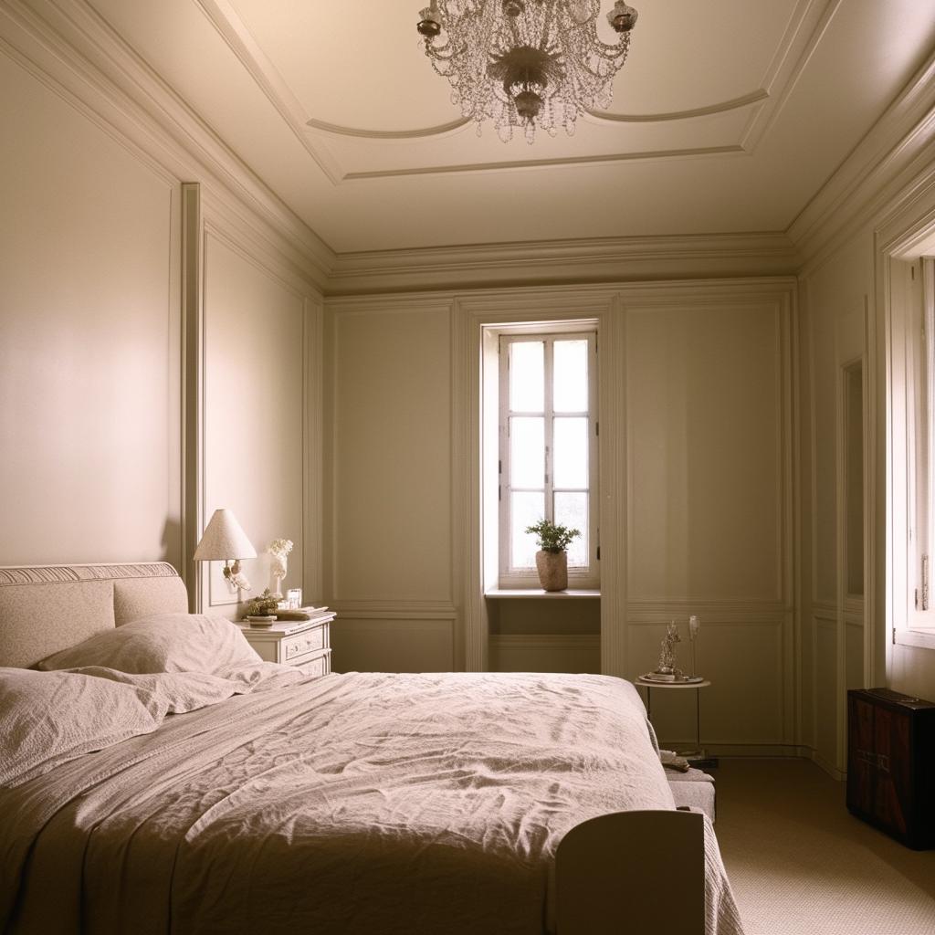 Neoclassical bedroom in an oddly shaped room with a small window, complete with aesthetic furniture and decor reflecting the style's elegance and simplicity.