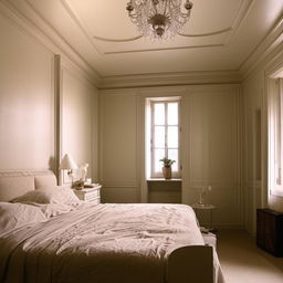 Neoclassical bedroom in an oddly shaped room with a small window, complete with aesthetic furniture and decor reflecting the style's elegance and simplicity.