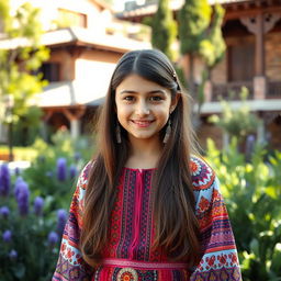 A beautiful young girl from southern Iran, wearing a colorful traditional dress, showcasing intricate patterns and vibrant colors