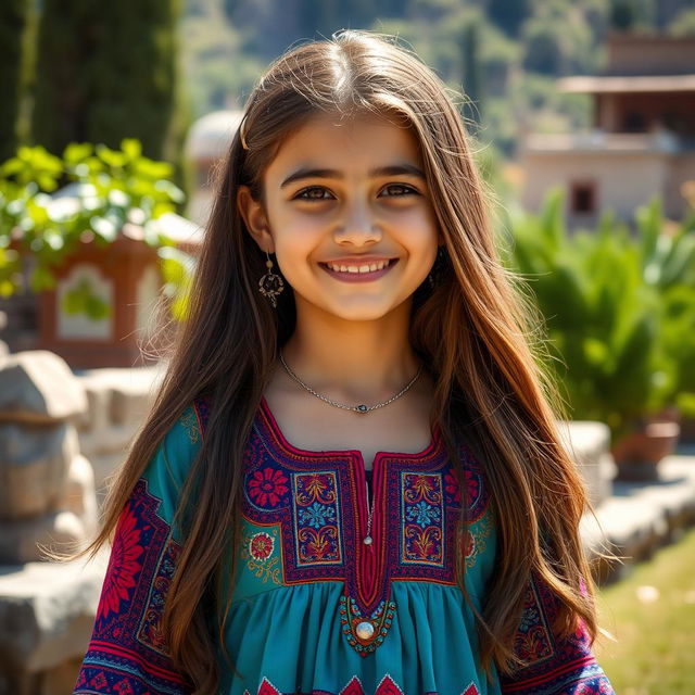 A beautiful young girl from southern Iran, wearing a colorful traditional dress, showcasing intricate patterns and vibrant colors