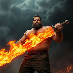 A large-bodied man with no visible muscles, confidently holding a fiery sword that emits bright flames