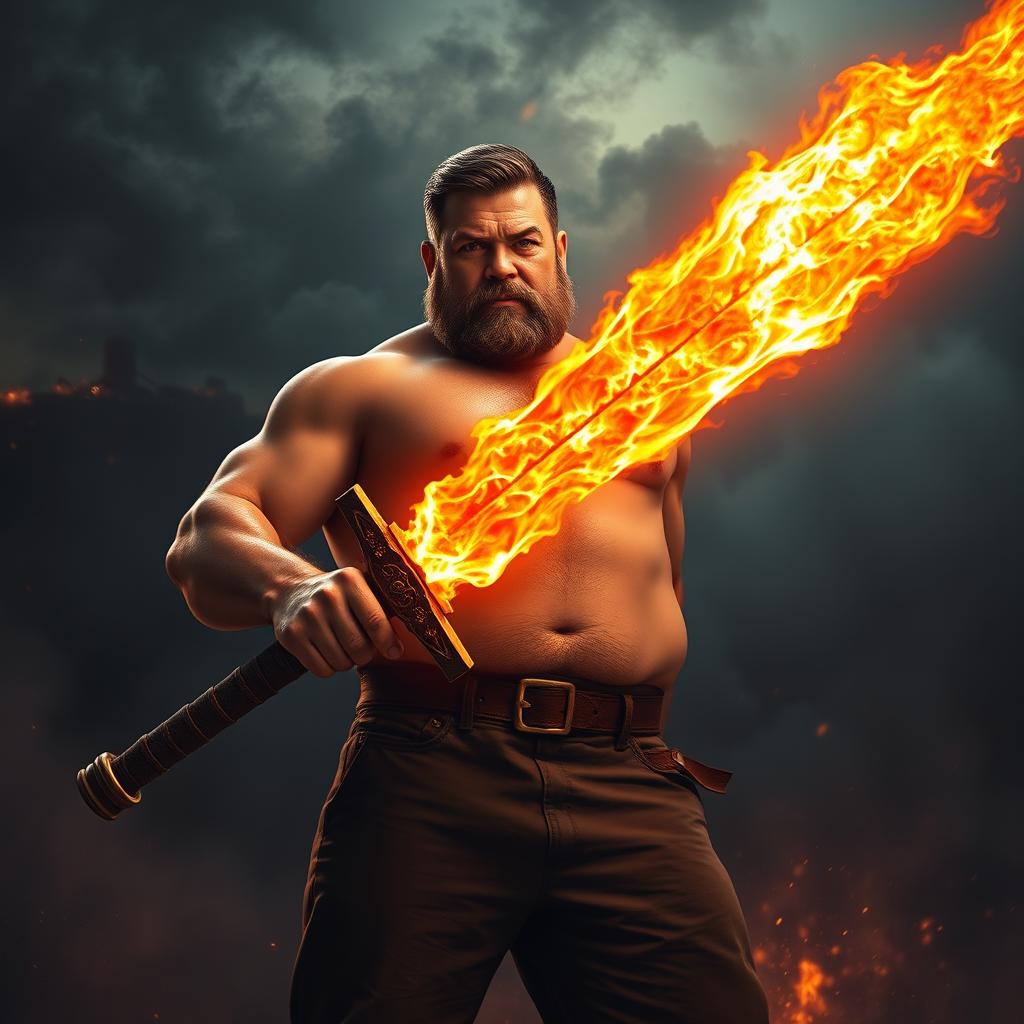 A large-bodied man with no visible muscles, confidently holding a fiery sword that emits bright flames