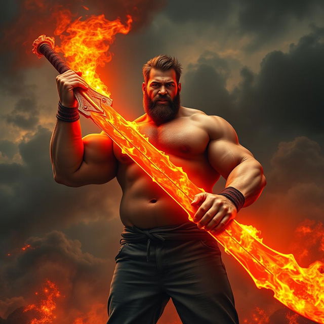 A large-bodied man with no visible muscles, confidently holding a fiery sword that emits bright flames