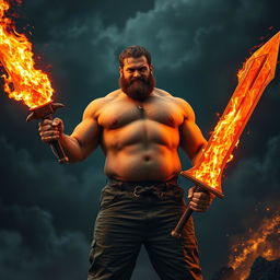 A large-bodied man with no visible muscles, confidently holding a fiery sword that emits bright flames