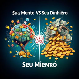 An artistic representation of the concept 'Sua Mente vs Seu Dinheiro', featuring two contrasting sides