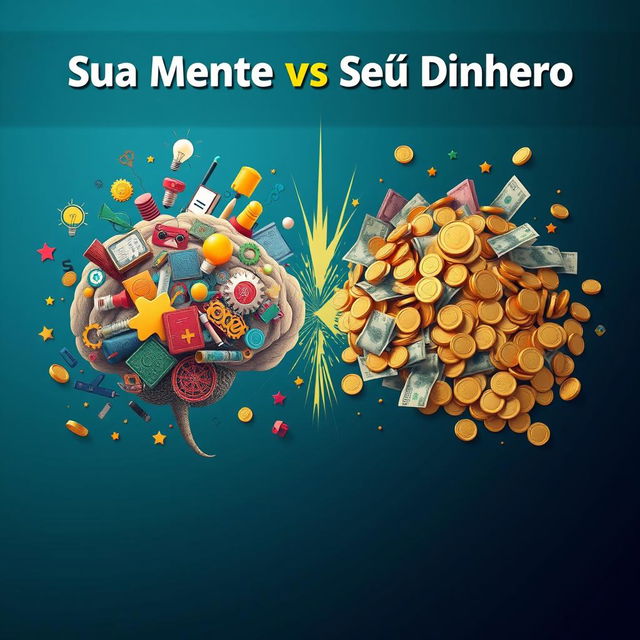 An artistic representation of the concept 'Sua Mente vs Seu Dinheiro', featuring two contrasting sides