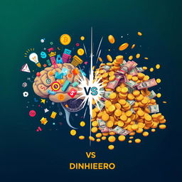 An artistic representation of the concept 'Sua Mente vs Seu Dinheiro', featuring two contrasting sides