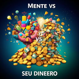 An artistic representation of the concept 'Sua Mente vs Seu Dinheiro', featuring two contrasting sides