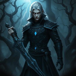 A dark fantasy scene depicting a male fallen aasimar hexblade warlock