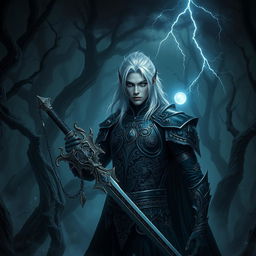 A dark fantasy scene depicting a male fallen aasimar hexblade warlock