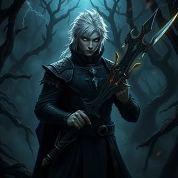 A dark fantasy scene depicting a male fallen aasimar hexblade warlock