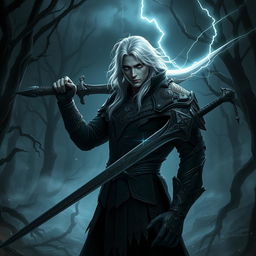 A dark fantasy scene depicting a male fallen aasimar hexblade warlock
