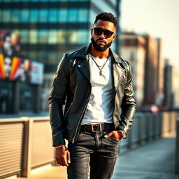 A stylish and confident black man wearing a sleek, modern outfit