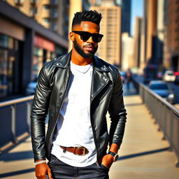 A stylish and confident black man wearing a sleek, modern outfit