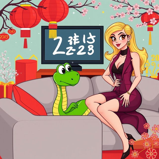 A playful and colorful vector illustration featuring a green cartoon snake sitting on a couch, intently watching a television