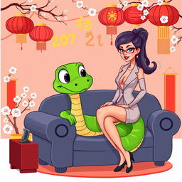 A playful and colorful vector illustration featuring a green cartoon snake sitting on a couch, intently watching a television