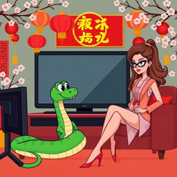 A playful and colorful vector illustration featuring a green cartoon snake sitting on a couch, intently watching a television