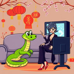 A playful and colorful vector illustration featuring a green cartoon snake sitting on a couch, intently watching a television