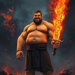 A large-bodied man with a soft physique and no visible muscles, holding a fiery sword that blazes with vibrant orange and red flames