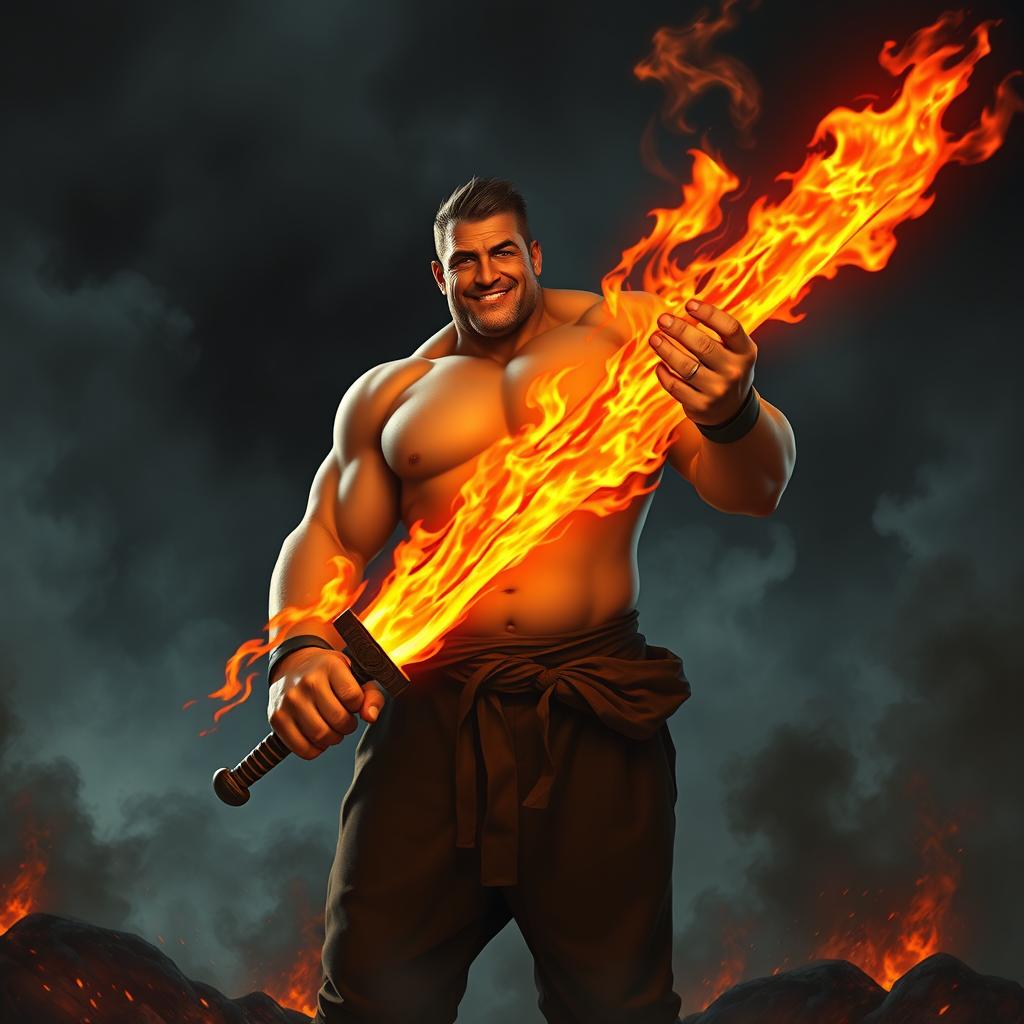 A large-bodied man with a soft physique and no visible muscles, holding a fiery sword that blazes with vibrant orange and red flames