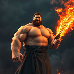 A large-bodied man with a soft physique and no visible muscles, holding a fiery sword that blazes with vibrant orange and red flames