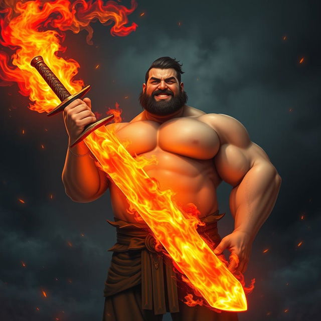 A large-bodied man with a soft physique and no visible muscles, holding a fiery sword that blazes with vibrant orange and red flames