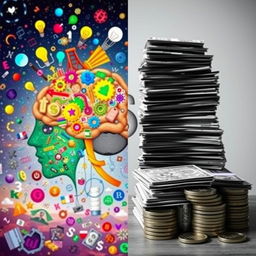 A split image depicting the duality of 'mind versus money'