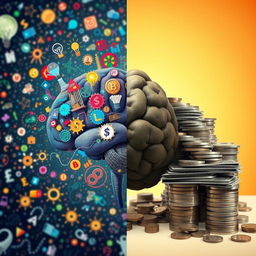 A split image depicting the duality of 'mind versus money'