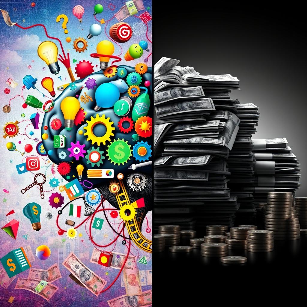 A split image depicting the duality of 'mind versus money'