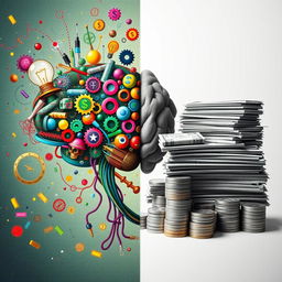 A split image depicting the duality of 'mind versus money'
