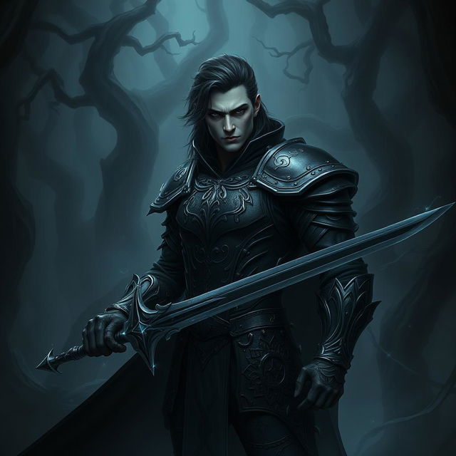 A dark fantasy scene featuring a male fallen aasimar hexblade warlock, intricately designed with radiant but shadowy features, holding an onyx long sword that glimmers ominously in the dim light