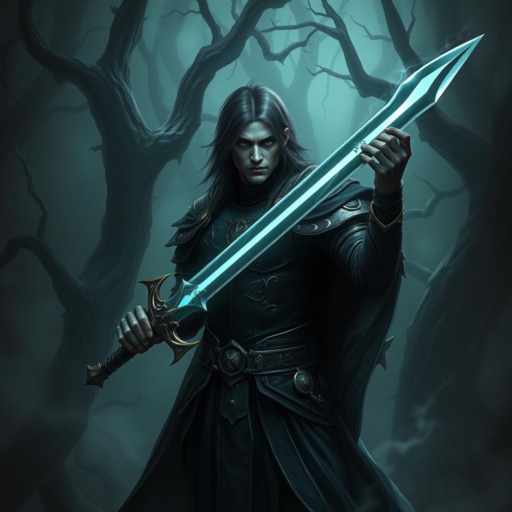 A dark fantasy scene featuring a male fallen aasimar hexblade warlock, intricately designed with radiant but shadowy features, holding an onyx long sword that glimmers ominously in the dim light